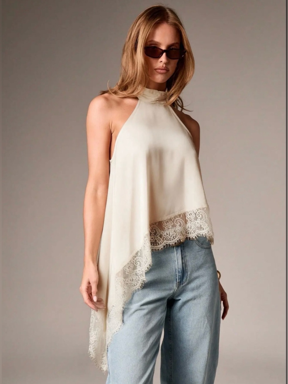 Satin Lace Trim Halter
Tank Sleeveless